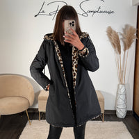 VESTE REVERSIBLE IMPERMEABLE LEOPARD NOIR