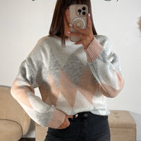 PULL SAUMON ET GRIS JACQUARD