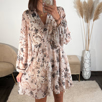 ROBE COURTE BEIGE FEUILLE ELINA
