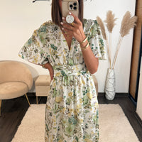 ROBE BLANCHE FLEURIE VERT ALMA