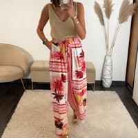 PANTALON FLAMANT ROSE/PALMIERS