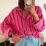 CHEMISE GAZE DE COTON RAYE ROUGE ET ROSE