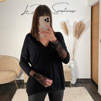 PULL NOIR MANCHES DENTELLES SOYA