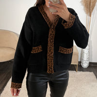PULL NOIR LISERE LEOPARD