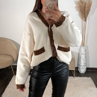 PULL ECRU LISERE LEOPARD