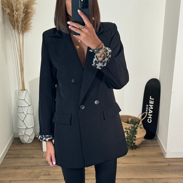 BLAZER NOIR MANCHES LEOPARD NOE - La Petite Somptueuse