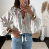 BLOUSE BRODERIE ECRU/ROSE ADIE - La Petite Somptueuse