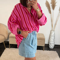 CHEMISE GAZE DE COTON RAYE ROUGE ET ROSE - La Petite Somptueuse