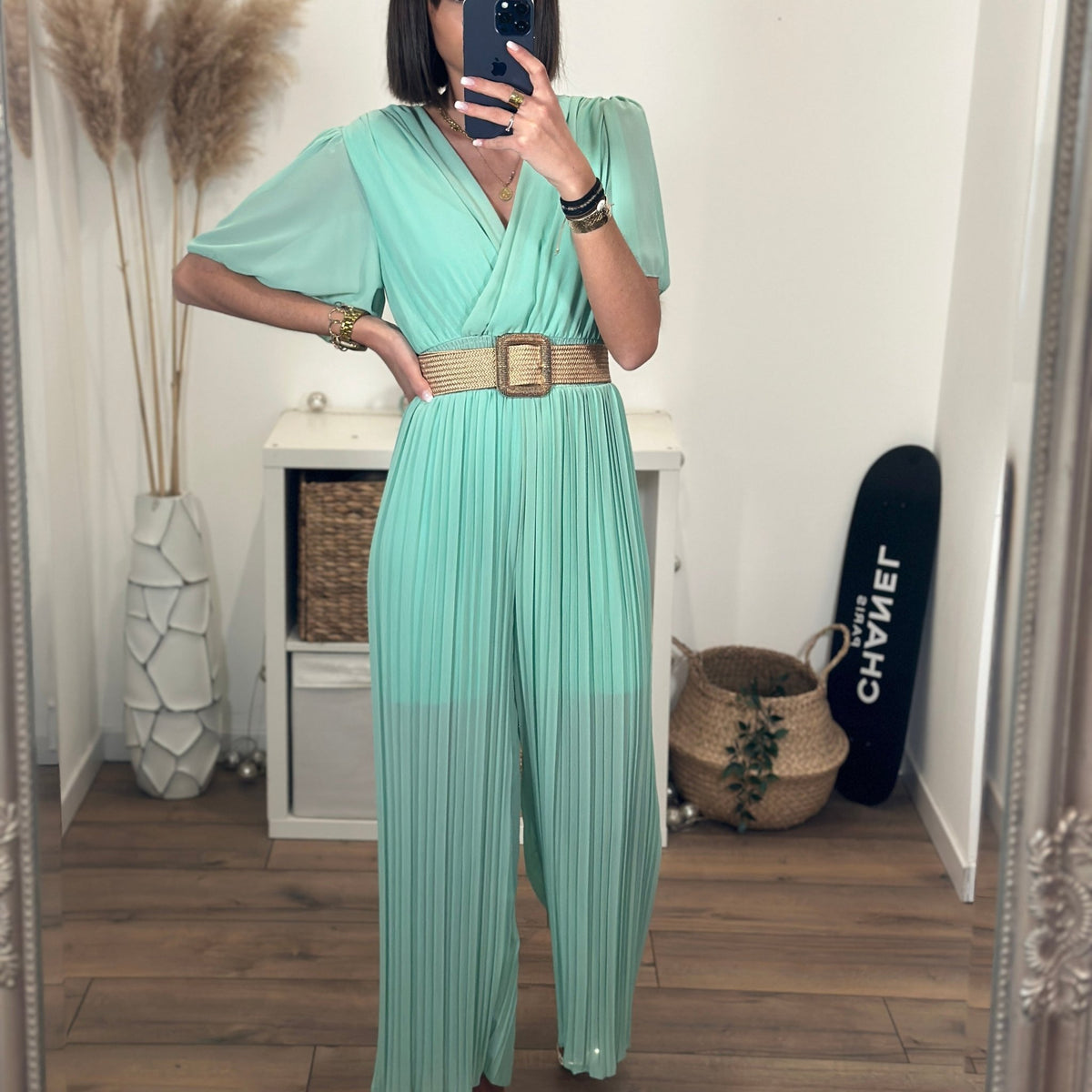 Combinaison Bustier En Cuir Vert - Taille S, Style Coupant, Quasi Neuve