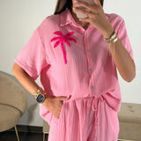 ENSEMBLE ROSE GAZE DE COTON PALM - La Petite Somptueuse