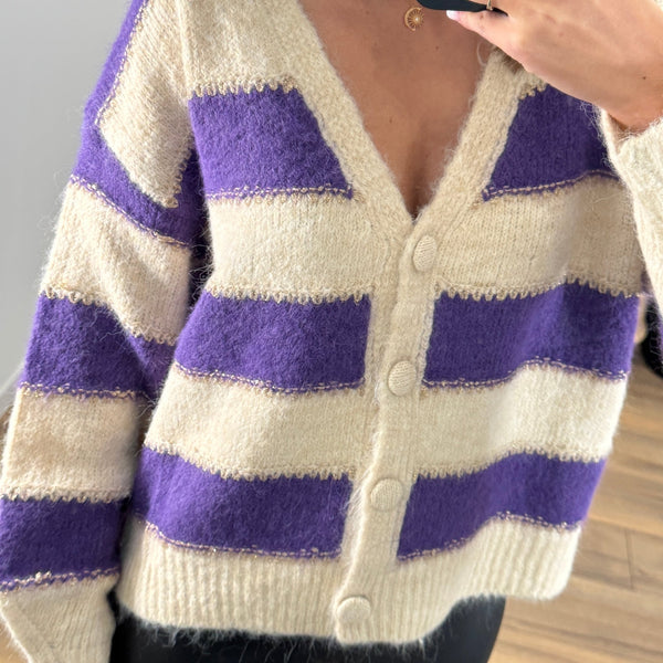 GILET A RAYURE ECRU/VIOLET ZOE - La Petite Somptueuse