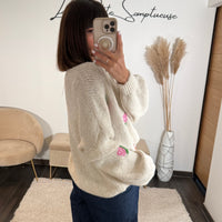 GILET BLANC FLEURI ROSY - La Petite Somptueuse