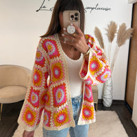GILET CROCHET ORANGE ET ROSE LIOR - La Petite Somptueuse