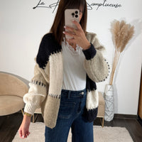 GILET LAINE RAYEE BEIGE ET BLEU - La Petite Somptueuse
