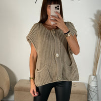 GILET MAILLES TAUPE BOUTONS DORES TAHO - La Petite Somptueuse