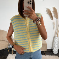 GILET SANS MANCHE RAYE JAUNE ET BLEU SKY - La Petite Somptueuse