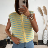GILET SANS MANCHE RAYE JAUNE ET BLEU SKY - La Petite Somptueuse