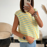 GILET SANS MANCHE RAYE JAUNE ET BLEU SKY - La Petite Somptueuse