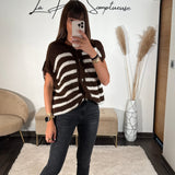 GILET SANS MANCHE RAYE MARRON DIEGO - La Petite Somptueuse