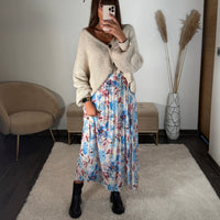 JUPE LONGUE FLEURIE BLEU CHARLIZE - La Petite Somptueuse