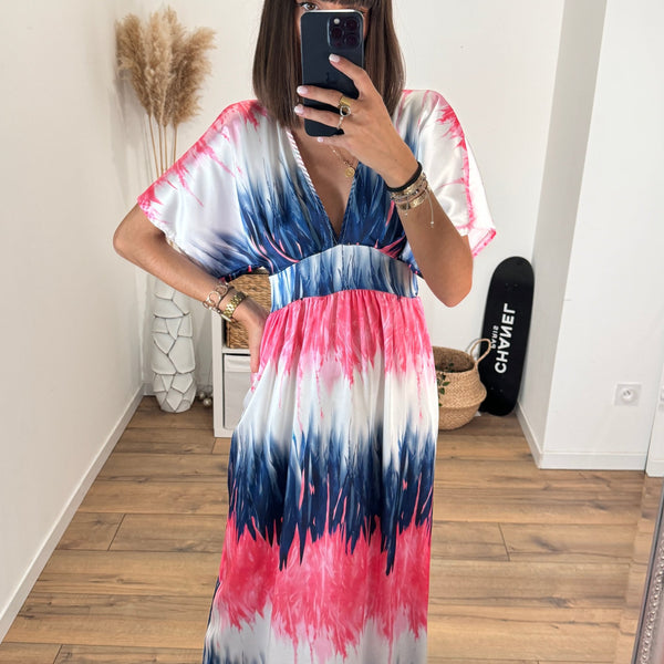 LONGUE ROBE BLEUE ET ROSE SAMIA - La Petite Somptueuse