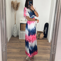 LONGUE ROBE BLEUE ET ROSE SAMIA - La Petite Somptueuse