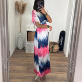 LONGUE ROBE BLEUE ET ROSE SAMIA - La Petite Somptueuse