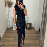 LONGUE ROBE NOIRE SEQUINS ISELIA - La Petite Somptueuse