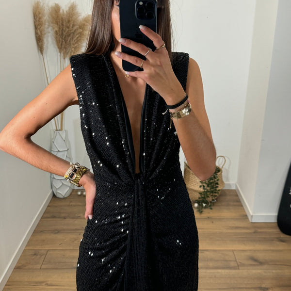 LONGUE ROBE NOIRE SEQUINS ISELIA - La Petite Somptueuse