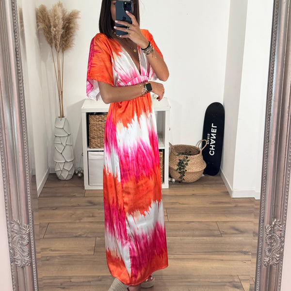 LONGUE ROBE ROSE ET ORANGE SAMIA - La Petite Somptueuse