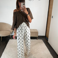 PANTALON BLANC À POIS MARRON FRANY - La Petite Somptueuse