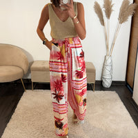 PANTALON FLAMANT ROSE/PALMIERS - La Petite Somptueuse