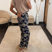 PANTALON MARINE BRODE FLOWER - La Petite Somptueuse