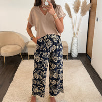 PANTALON MARINE BRODE FLOWER - La Petite Somptueuse