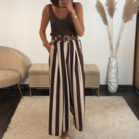 PANTALON RAYE BEIGE ET MARRON + CEINTURE - La Petite Somptueuse