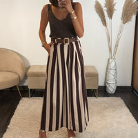 PANTALON RAYE BEIGE ET MARRON + CEINTURE - La Petite Somptueuse
