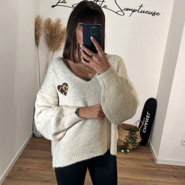 PULL BEIGE COEUR LEOPARD LENY - La Petite Somptueuse