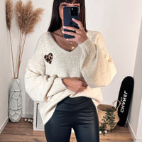 PULL BEIGE COEUR LEOPARD LENY - La Petite Somptueuse