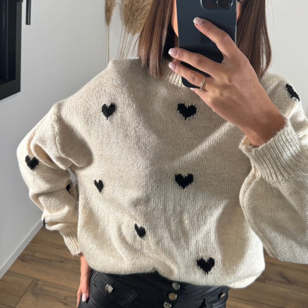 PULL BEIGE COEURS NOIRS ELIO - La Petite Somptueuse