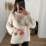 PULL BEIGE COEURS ROSES ELIO - La Petite Somptueuse