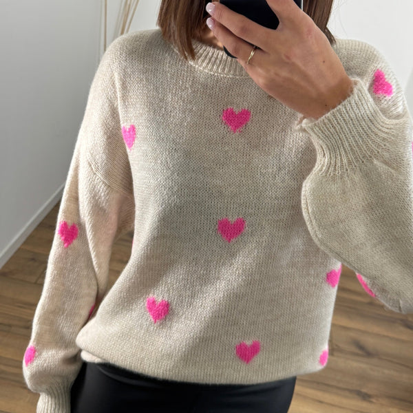 PULL BEIGE COEURS ROSES ELIO - La Petite Somptueuse