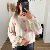 PULL BEIGE COEURS ROSES ELIO - La Petite Somptueuse