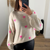 PULL BEIGE COEURS ROSES ELIO - La Petite Somptueuse