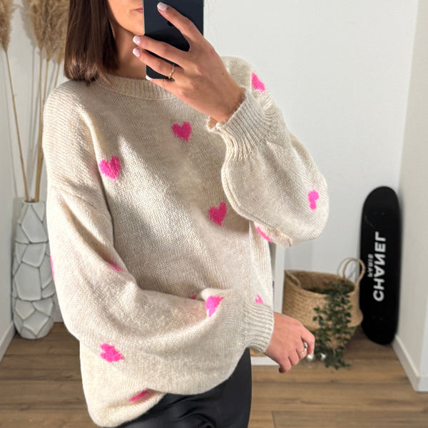 PULL BEIGE COEURS ROSES ELIO - La Petite Somptueuse