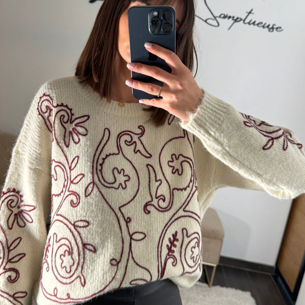 PULL BEIGE ET BORDEAUX MONA - La Petite Somptueuse