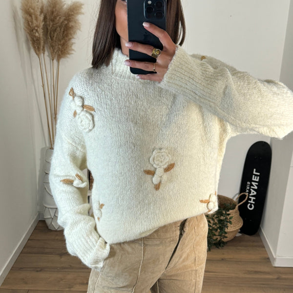 PULL BEIGE FLEURS COSIA - La Petite Somptueuse