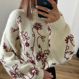 PULL BEIGE FLOWER RED - La Petite Somptueuse