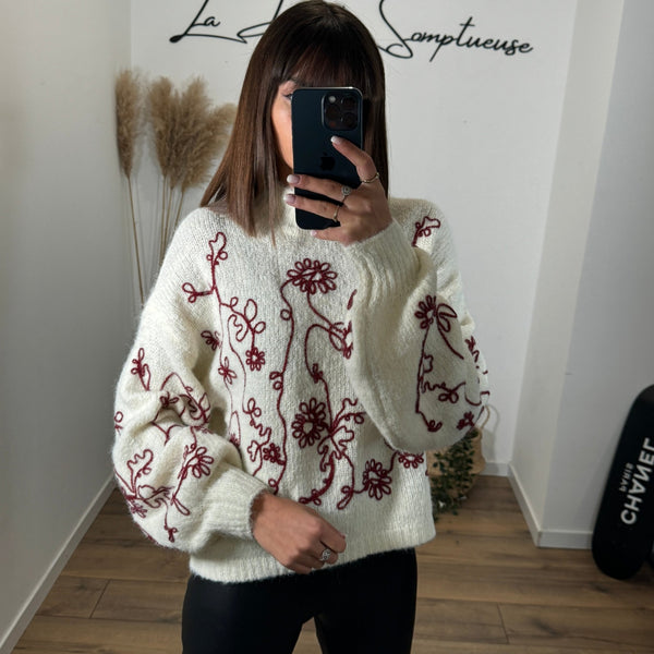 PULL BEIGE FLOWER RED - La Petite Somptueuse