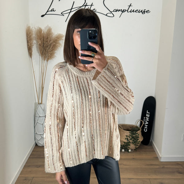 PULL BEIGE SEQUIN - La Petite Somptueuse