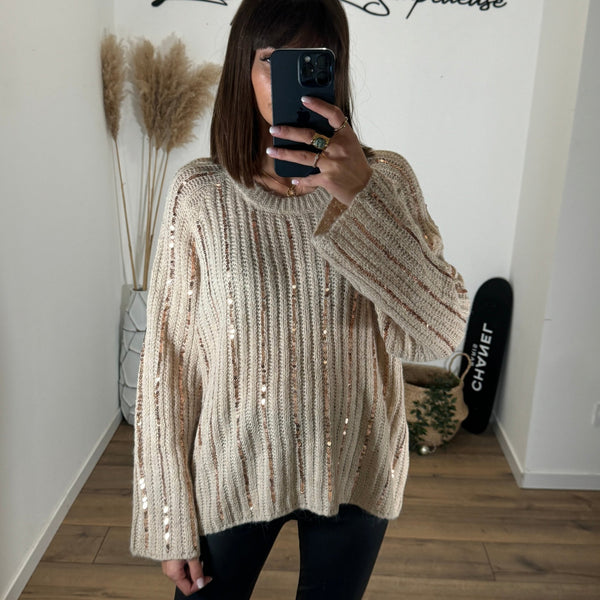 PULL BEIGE SEQUIN - La Petite Somptueuse